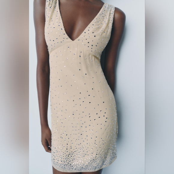 ZARA Woman Collection Short Mini Dress With Rhinestones Small - Picture 2 of 11